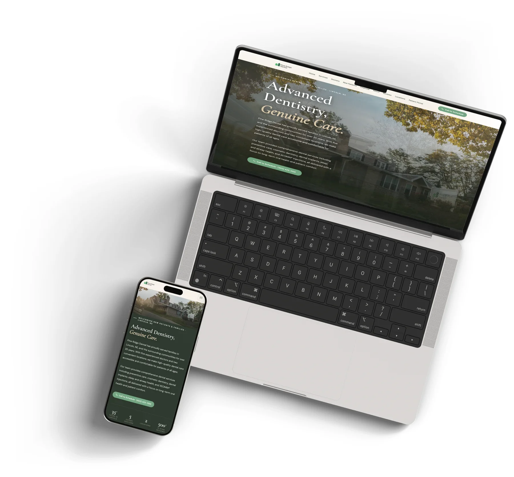 Pine Ridge Dental's new website on a laptop and a phone