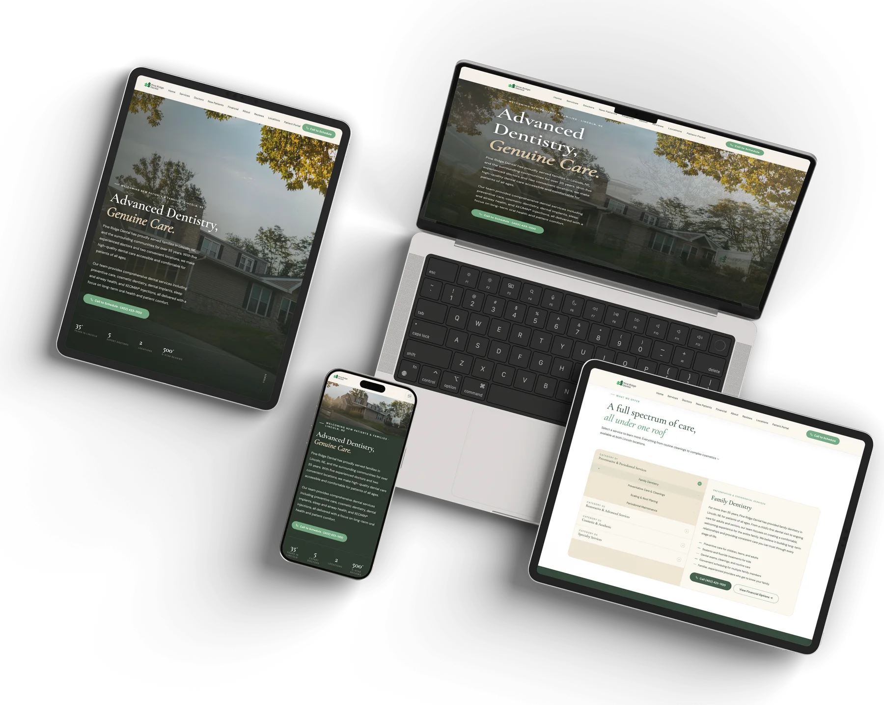 Pine Ridge Dental's new website on a laptop, two tablets and a phone