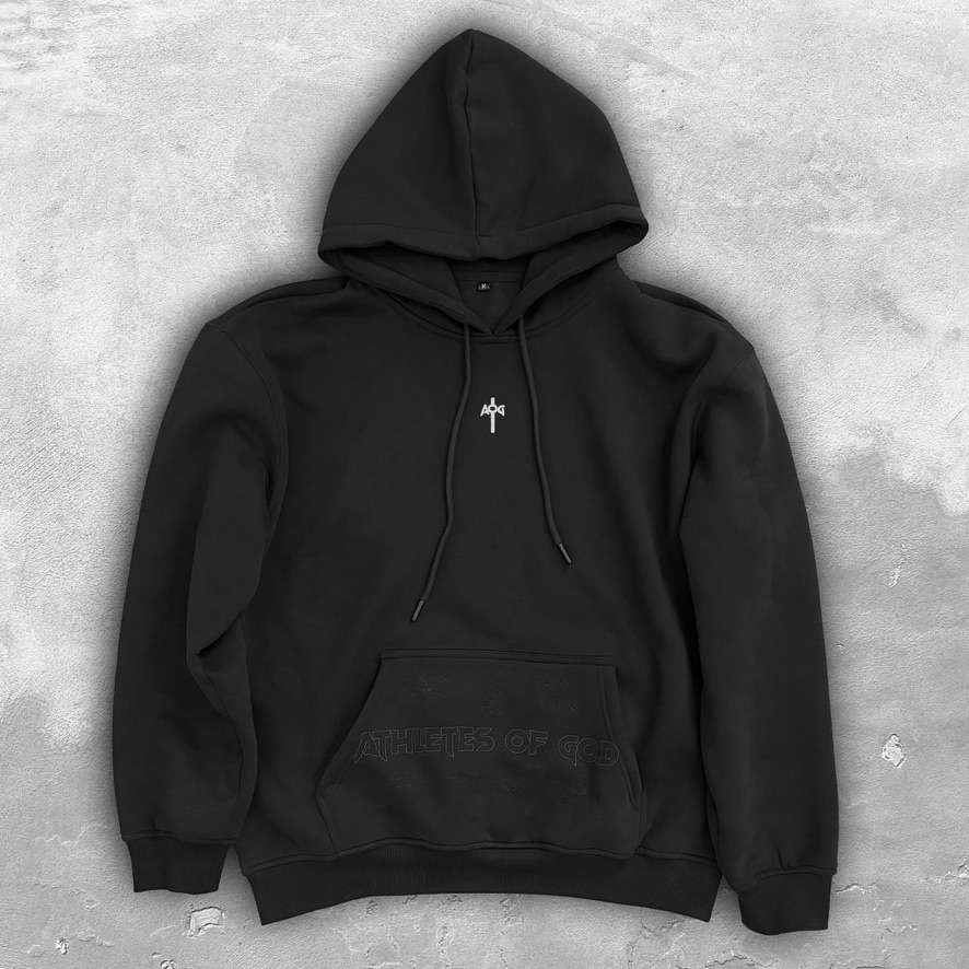 Black Athletes of God hoodie with embroidered AOG cross monogram and tonal pocket wordmark