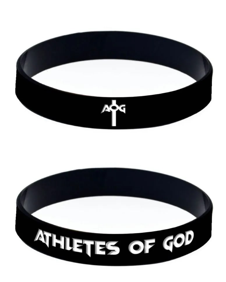 Wristband design mockups: the AOG cross monogram and the Athletes of God wordmark