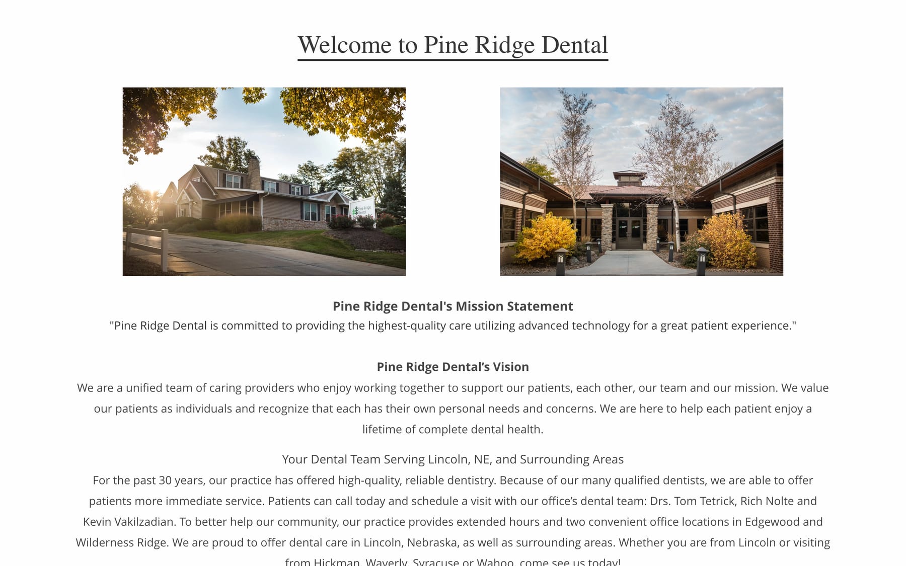 Pine Ridge Dental's original website, before working with Jerd Design